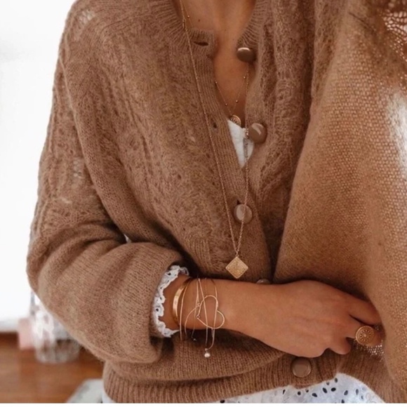 Sezane La Maille Tonio Button Front Mohair Wool Blend Cardigan Tan/Peach L - Picture 2 of 14